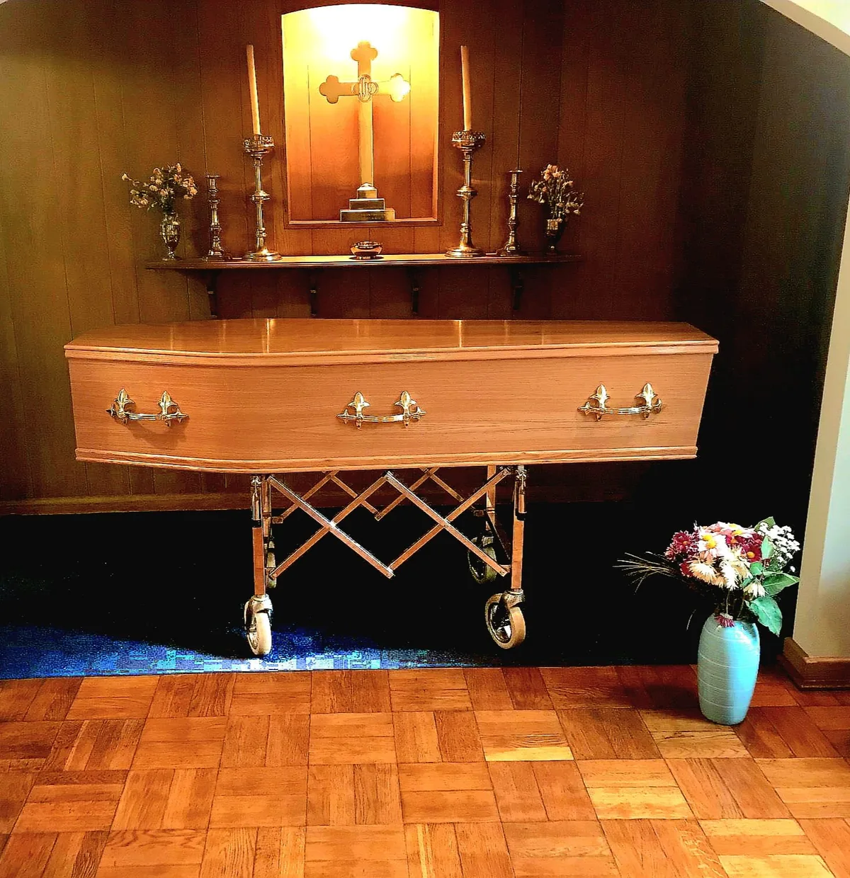 Light wood coffin in the Chapel of Rest